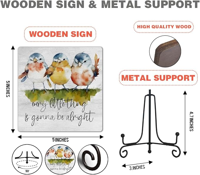 Watercolor Adorable Birds Wooden Sign Gift with Metal Support - Every Little Thing Is Gonna Be Alright - Positive Quotes Wooden Plaque Desk Decor, Uplifting Gifts, 5x5 Inches -H05