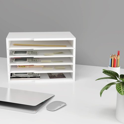 LAPTAIN Desktop File Sorter - 4 Adjustable Shelves for Home & Office | White Paper Letter Tray Organizer