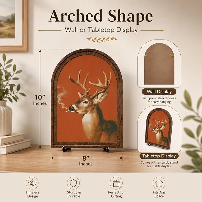 Vintage Deer Art Decor - Arched Wooden Frame with Stand, Retro Whimsical Animal Wall & Tabletop Decor for Living Room, Bedroom, Office, Funny Novelty Home Accent, Unique Housewarming Gift