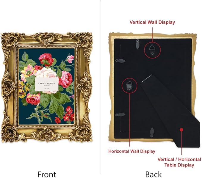 Laura Ashley 5x7 Gold Ornate Textured Hand-Crafted Resin Picture Frame with Easel & Hook for Tabletop & Wall Display, Decorative Floral Design Home Décor, Photo Gallery, Art, More (5x7, Gold)