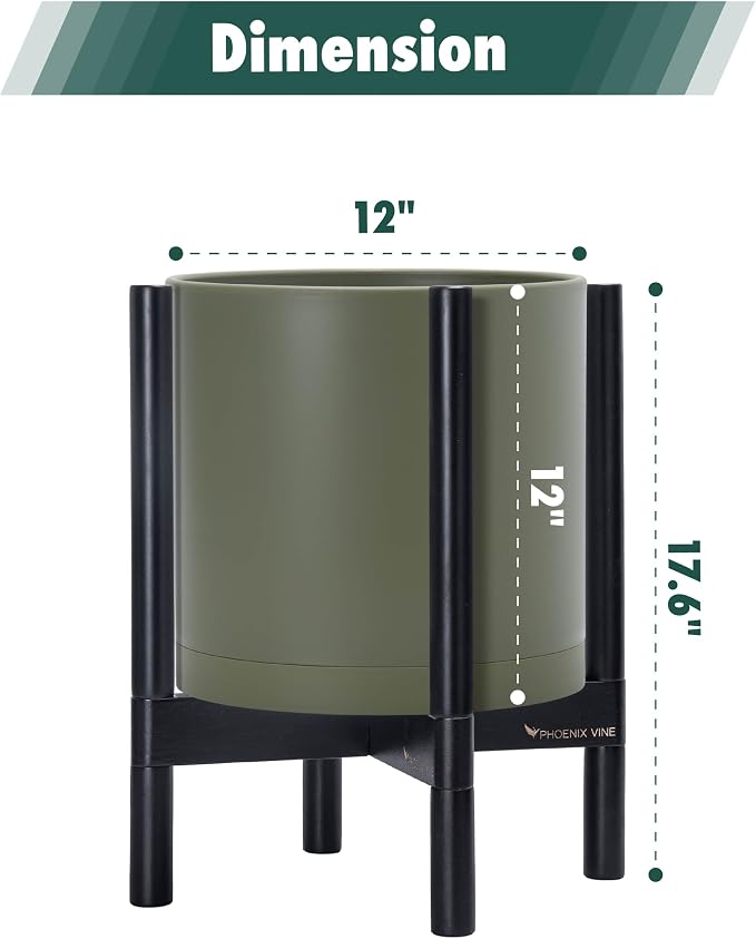 D'vine Dev Planter Pot with Stand - 12 Inch Plastic Cylinder Flower Pot with Wood Planter Holder for Indoor, Olive Pot + Ebony Stand, 55-C-Q-3