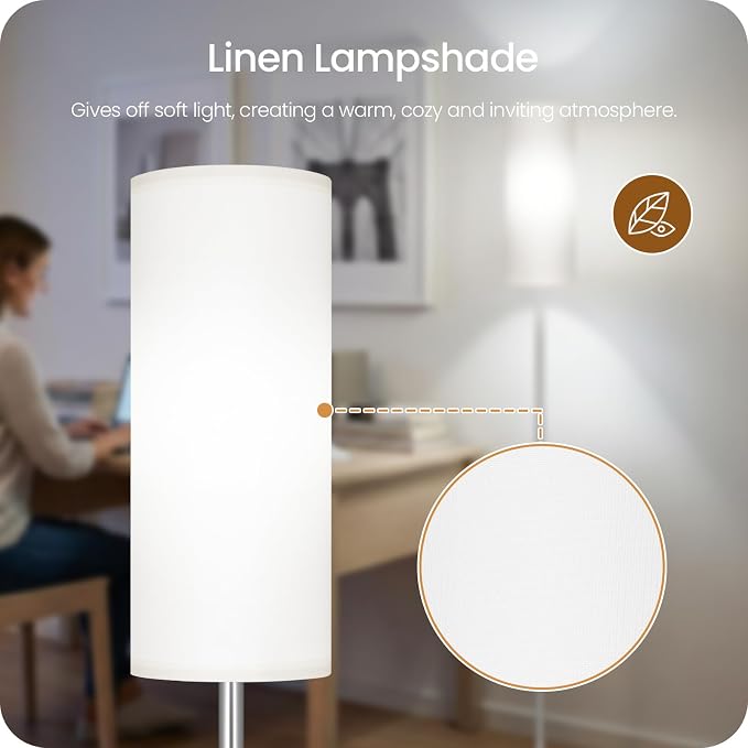 Dimmable Floor Lamps for Living Room with Remote and Foot Switch, 64.4” Modern Standing Tall Lamp, Corner Lamp for Bedroom, Office, Bulb Included, 3000K-6500K, White and Silver, FCC Listed SCW06LD05W1