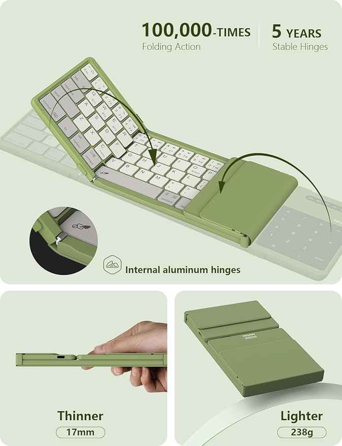 Nillkin Foldable Bluetooth Keyboard with Touchpad & Number Pad, Portable Bluetooth Keyboard with Full Size Keys, Pocket-Sized Wireless Travel Keyboards for iPad, Smartphone, Tablet and Laptop Green