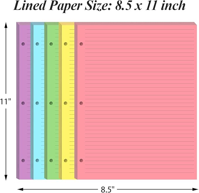 3 Hole Colorful Lined Paper - 100 Sheets/200 Pages Loose Leaf Paper Line Refills, Per Color 20 Sheets, 8.5" x 11"