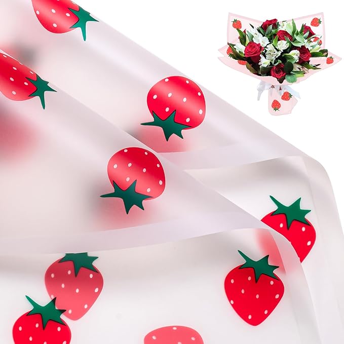 WRAPAHOLIC 20 Sheets Flower Wrapping Paper - 22.4 x 22.4 inch White Strawberry Water-Resistant Floral Bouquet Wrapping Paper, Florist Supplies Packaging for Graduation Ceremony Gift DIY