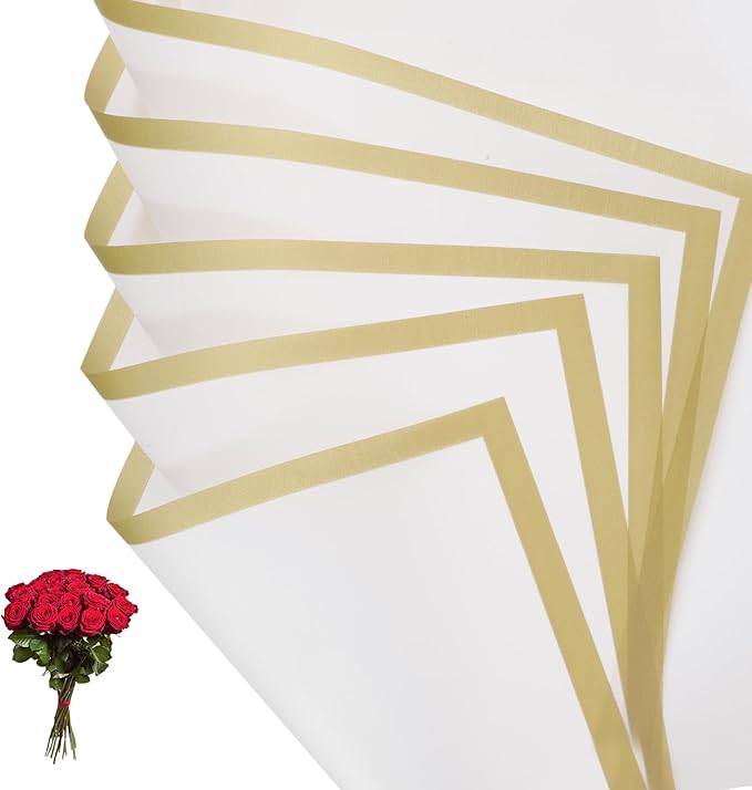 PATIKIL Flower Gift Wrapping Paper, 20 Sheets Gold Edge Waterproof Bouquet Paper Wrap Florist Supplies Packaging Floral Papers for Wedding DIY Craft Valentine Mother's Day, Clear