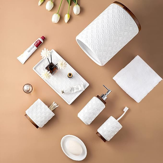RQYIXI Elegant 6 PCS Ceramic&Wood Bathroom Accessories Set:Soap Dispenser,Toothbrush Holder,Tumbler,Soap Dish,Tray,Trash Can,Easy to Clean,Quatrefoil Pattern,White-Affordable Home Luxury