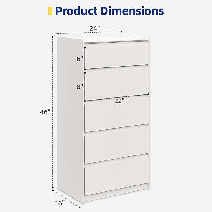 White Dresser for Bedroom, 46" Tall Chest of Drawers, Simply Modern 5 Drawer Storage Organizer for Closet, Hallway, or Small Apartment