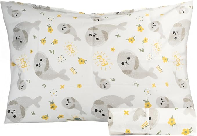 Salt Earth 100% Cotton 210TC Kids Bedsheet, Twin Fitted Sheet, Toddler Bed, 2 Piece Bedding Set- 1 Fitted Sheet and 1 Pillowcase, Themed Toddler Bed Sheets, Cute Sheets for Kids Bed (Seal)