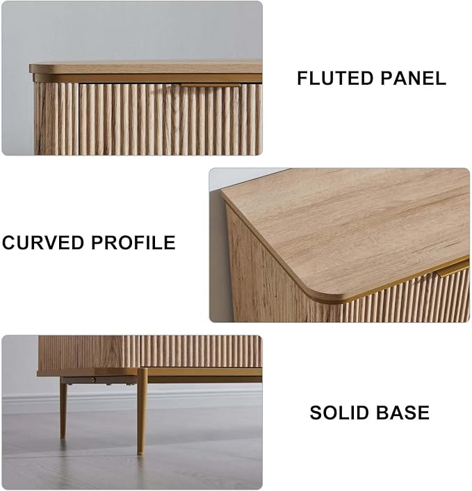 T4TREAM Fluted 9 Drawers Dresser, Modern Wooden Top Chest of Drawers with Curved Profile Design, Dresser TV Stand Drawer Organizers for Bedroom, Living Room, Hallway(Natural Oak)