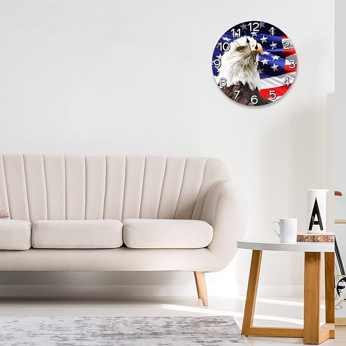 Bald Eagle Patriotic American Flag Wall Clock Battery Operated Silent Round Clock Wall Decor for Home, Office, School 9.8 Inch