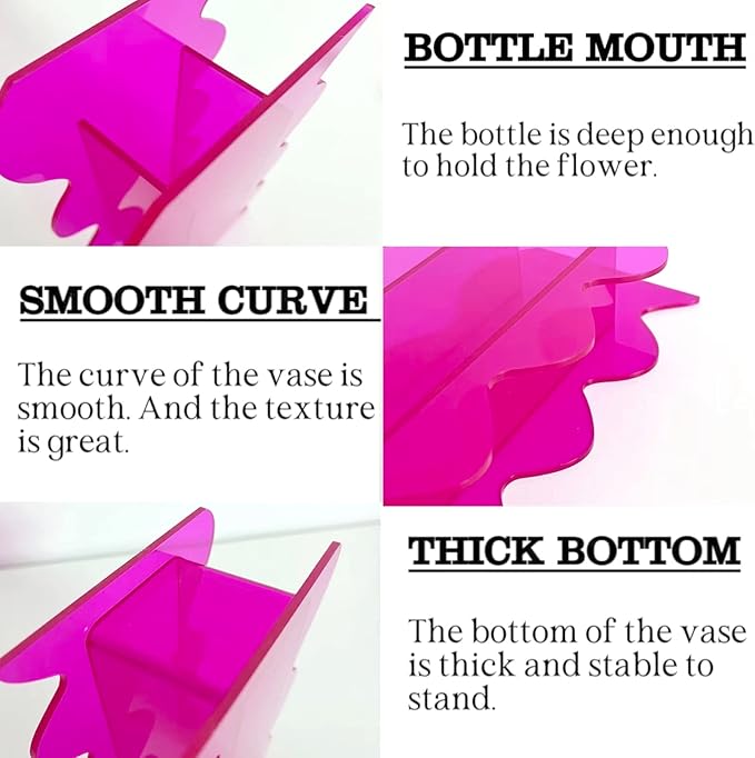 Hot Pink Acrylic Vase, 8-Inch Wave Shaped, Modern Centerpiece, Home Office Decor