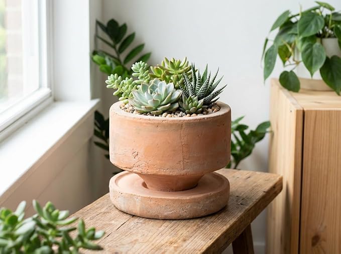 6" Rustic Weathered Terracotta Plant Pot with Saucer, Breathable Clay Planter, Mid-Century Modern Home & Garden Decor