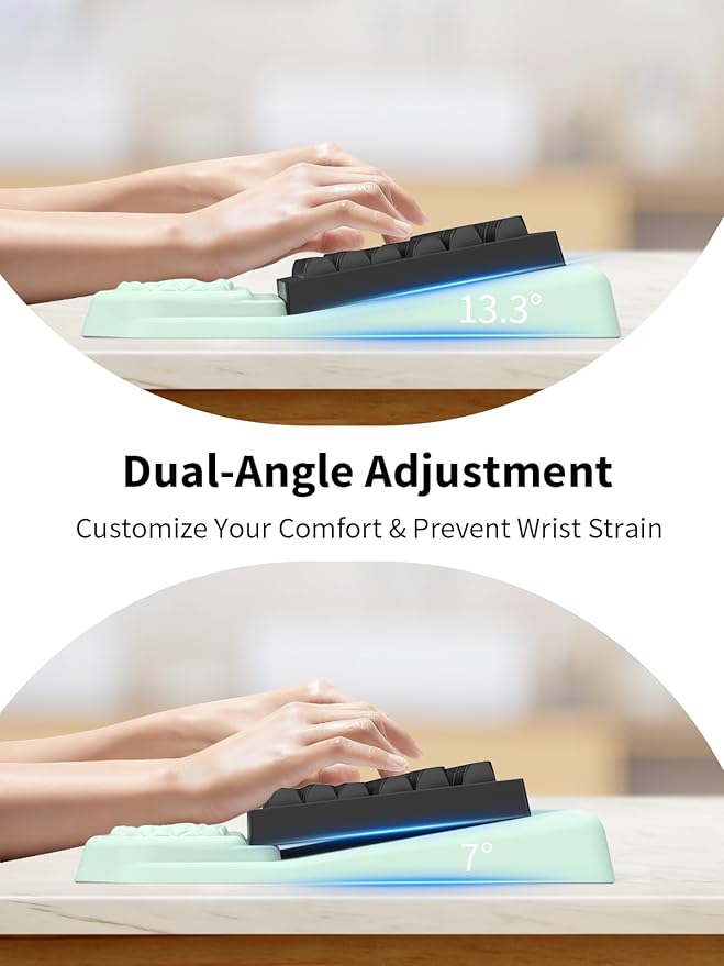 3-in-1 Ergonomic Keyboard Stand with Wrist Rest & Mouse Pad Set, Comfy Keyboard Riser Holder Soft Mousepad with Massage Design, Memory Foam and Non-Slip PU Base for Pain Relief, Light Green