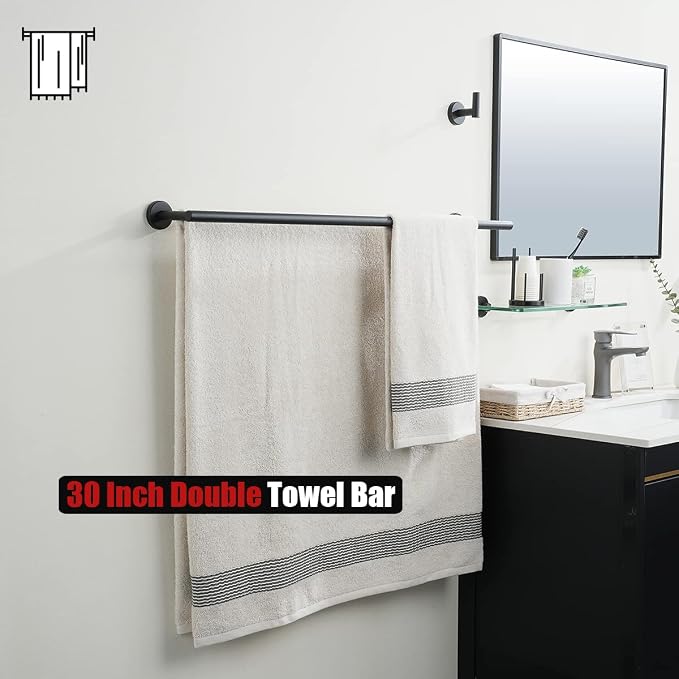 JQK Double Bath Towel Bar, Matte Black 33 Inch 304 Stainless Steel Thicken 0.8mm Towel Rack for Bathroom, Towel Holder Wall Mount, Useable Length 30 Inch, TB100L30-PB