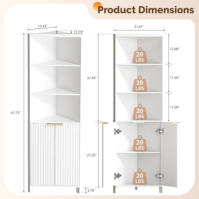 VINGLI Tall Corner Cabinet with Fluted Doors, 68" White Corner Storage Cabinet with Adjustable Shelves, Freestanding Wood Corner Bookshelf for Bathroom, Living Room & Kitchen, Space-Saving