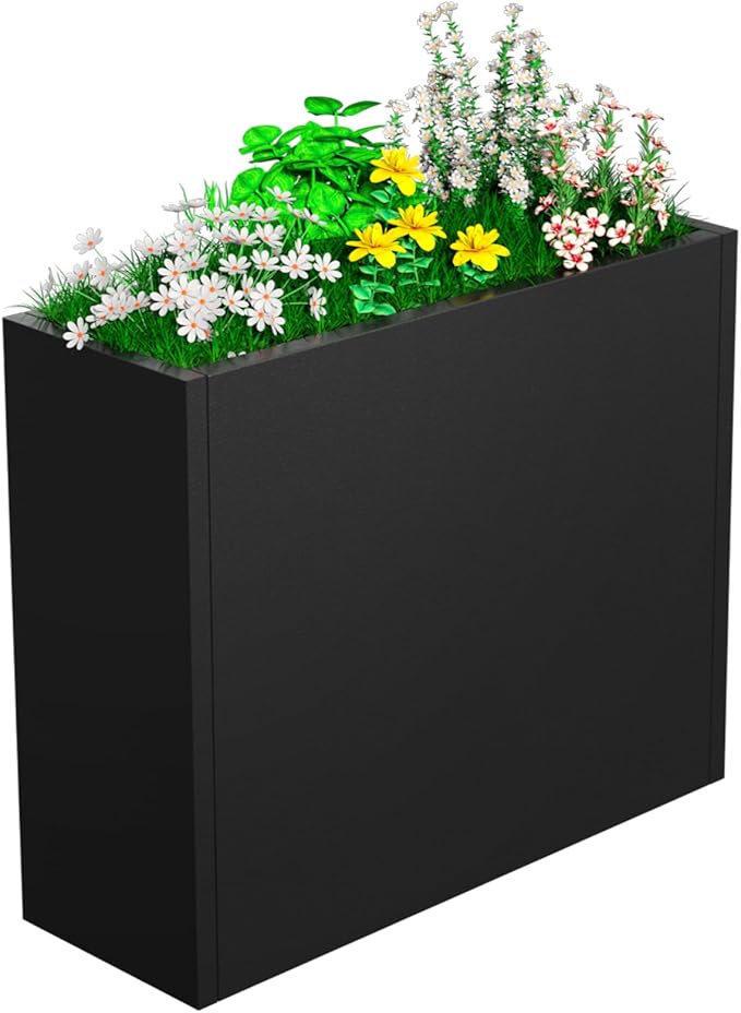 Metal Planter, 30L x 10W x 24H, Heavy Duty Tall Planters for Outdoor Plants, Black Planters with Removable Insert Shelf, Large Planters with Drainage Holes for Porch, Patio and Yard, Black