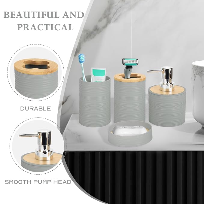 4 Pieces Bamboo Bathroom Accessories Set, Bathroom Accessory Set with Soap Dispenser and Toothbrush Holder, Soap Dish and Toothbrush Cup, Boho Bathroom Decor(Grey)
