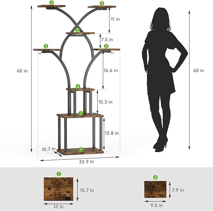 Elbourn 8 Tiered 60" Plant Stand Indoor Shelf with 3 Grow Lights (Brown) | Corner Shelf Decor