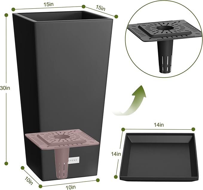 Elevens Outdoor Planter Larger Flower Pots Indoor Taper Garden V-Shape Tall Planters 30 inches Garden Pots Planter with 2 Trays - Black（2 Packs）, 30"-2 Pack (USAM004)