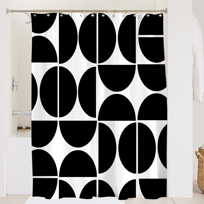 Black and White Geometric Shower Curtain - Mid-Century Modern Abstract Art, Waterproof Polyester Fabric, 72x72 Inches, with 12 Hooks