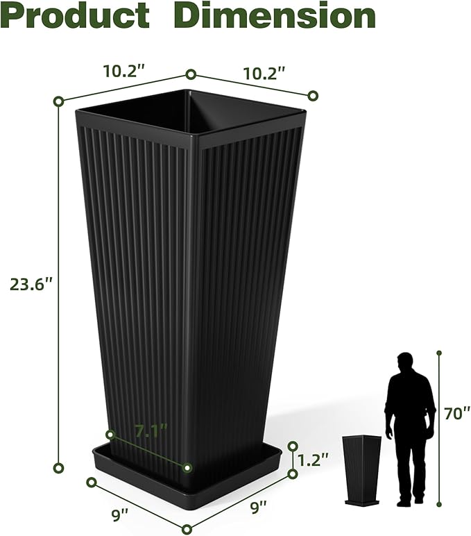 Square Tall Planters for Outdoor Plants Set of 2-23.6" Modern Tapered Indoor Flower Pots with Drainage Holes/Partition/Tray, Large Outdoor Planters for Porch Patio Garden Front Porch, Black