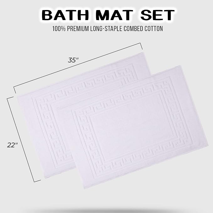 Superior Heavyweight Cotton Bath Mats, Bath Rugs For Bathroom Accessories, Washable Rug For Shower, Bath, Toilet, Modern Decor, No Backing, Luxury Hotel And Spa Quality, Set of 2, 22" x 35", White