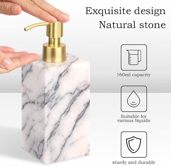 Natural Marble Soap Dispenser for Bathroom and Kitchen Countertop - 5.41 Ounces Hand Lotion and Liquid Stone Shampoo Laundry Bottle with Pump (1, Lilac, Rectangular Bottle)