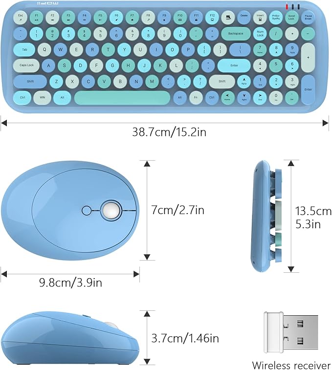 Wireless Keyboard and Mouse Combo, MOWUX - Modern Compact Layout, Colorful Compact Candy Mouse and Retro Round Keyboard Set with Cover, for PC/Laptop/Windows/Mac - Blue Colorful