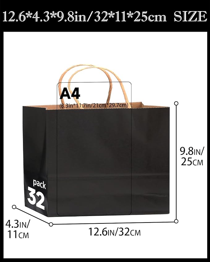 qiqee 13"x4.5"x10" Large Gift Bag with Handles Bulk 32PCS Gift Paper Bags Black Bags Multiple Uses (Wide Large)