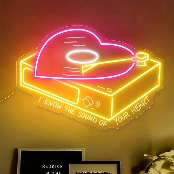 Heart shape vinyl record neon sign, Music Wall Décor, 90s theme party decoration, music decor, bar decor, Home, A esthetic Room, Wedding, Party, Kitchen, Record Label, Sound Studio, Yellow