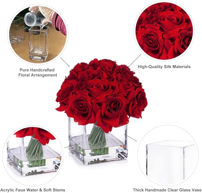 ENOVA FLORAL 18 Pieces Red Rose Artificial Flowers in Vase, Floral Arrangements Artificial with Vase and Faux Water for Wedding, Home Decor Indoor(Red)