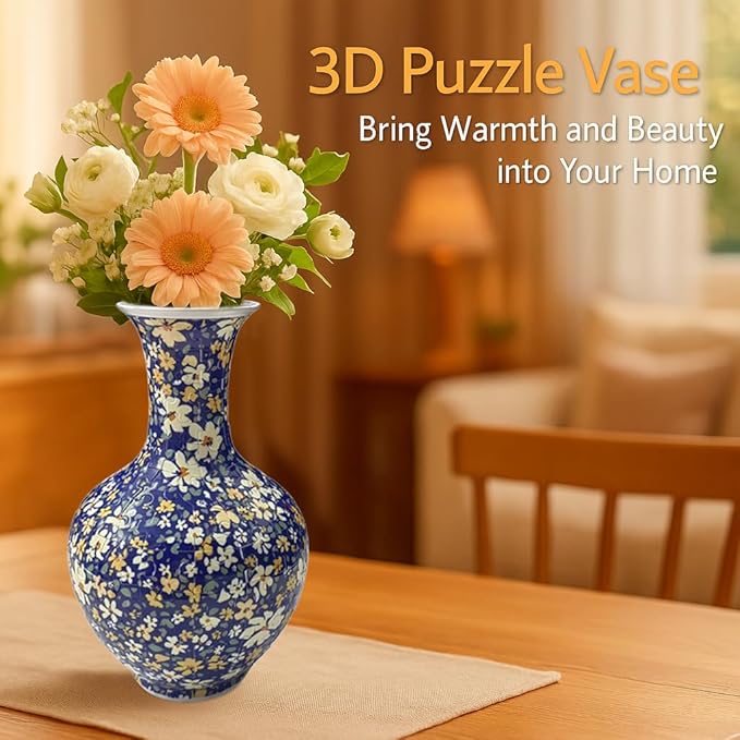 3D Puzzle Vase, 160 Curved Pieces DIY Flower Vase Craft Kit & 3D Puzzles for Adults, Creative Jigsaw Art Project Home Décor Centerpiece, for Women, Mom (Navy Floral Pattern)