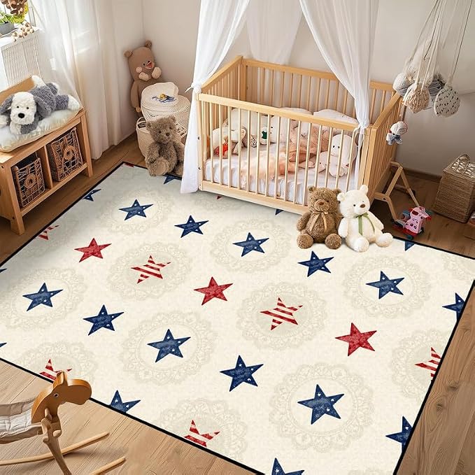 Star Area Rug 6'x9' Vintage Red Blue White Carpet Washable Low Pile Floor Mat Rugs for Bedroom Living Room Nursery Playroom Classroom Home Decor