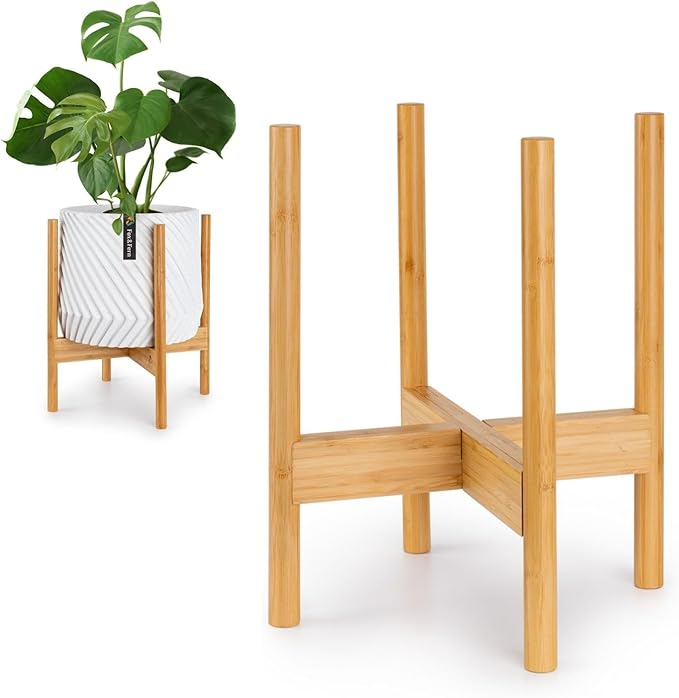 Fox & Fern Bamboo Plant Stand — 11.8 Inch Fixed Size Wooden Mid Century Planter Stand for Indoor Planters (Not Included) - Large Flower Pot Holder for Indoor Big Pots - Plug In Design - Bamboo