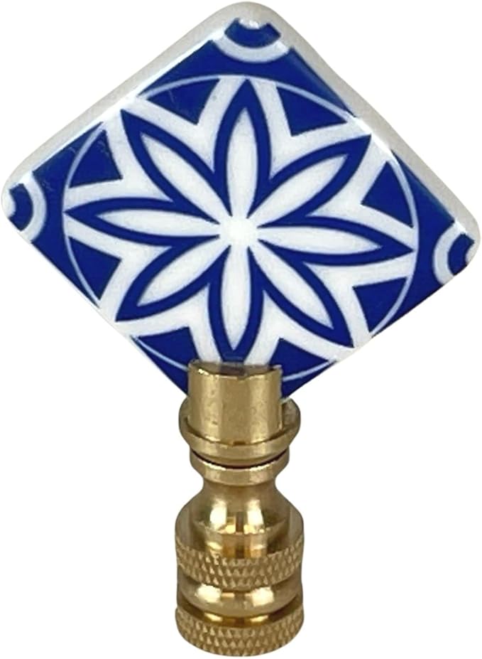 Royal Designs, Inc. Blue & White Porcelain Mandala Flower Design Finial for Lamp Shade, Polished Brass