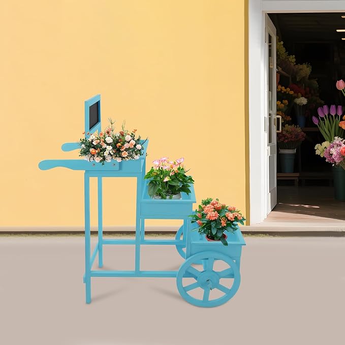 Flower Display Stand | 3-Tier Wood Flower Cart | Flower Cart Display Stand with Wheels | Ladder Shaped Plant stand | Market flower display Stand | Handle & Blackboard (Blue)