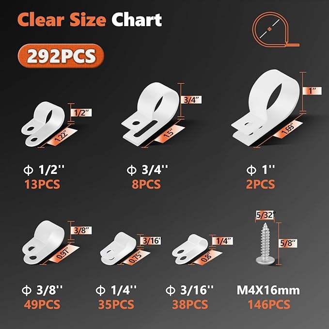 292PCS Cable Clamps, Cable Clips for Management Cord Organizer, 6 Sizes-3/16'' 1/4'' 3/8'' 1/2'' 3/4'' 1'' White PA66 Nylon R-Type Plastic Screw Mounting Cord Clamp Assortment Kit with M4 Screws