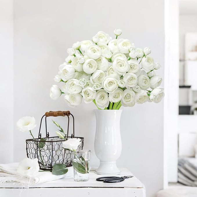 Ranunculus Artificial Flower White Faux Silk Mini Peony Flowers Fake Peonies Wedding Flowers DIY Bouquet for Centerpieces Arrangements Bridal Shower Decorations 18 Pcs(White)