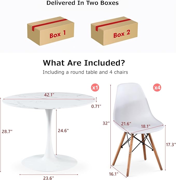 5-Piece Round Dining Table Set,42" Mid-Century Modern Kitchen Table with 4 Chairs,Tulip Pedestal Table & Solid Wood Legs,Space Saving Compact Furniture for Small Spaces Apartment Home,White/Marble