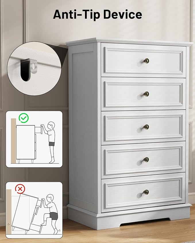 White Dresser for Bedroom, 44" Tall 5 Drawer Dresser, Wooden Chest of Drawers with Large Storage, Vertical Dressers for Closet, Living Room, Hallway