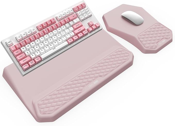 3-in-1 Ergonomic Keyboard Stand with Wrist Rest & Mouse Pad Set, Comfy Keyboard Riser Holder Soft Mousepad with Massage Design, Memory Foam and Non-Slip PU Base for Pain Relief, Pink