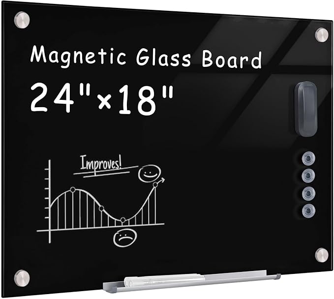 Mifuro Magnetic Glass Whiteboard，24"x18" Wall Mounted Frameless Dry Erase Board for Office, Home & School Black