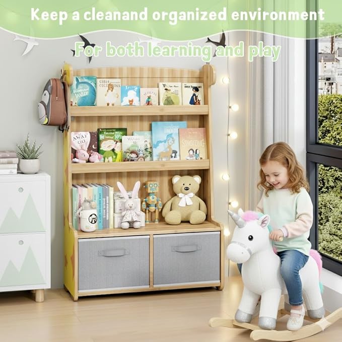 Kids Bookshelf and Toy Storage Organizer, 3 Tier Bamboo Todders Book Shelf Large Book Rack for Child Room Playroom Nursery for Kids, Children, Toddlers (Nature)