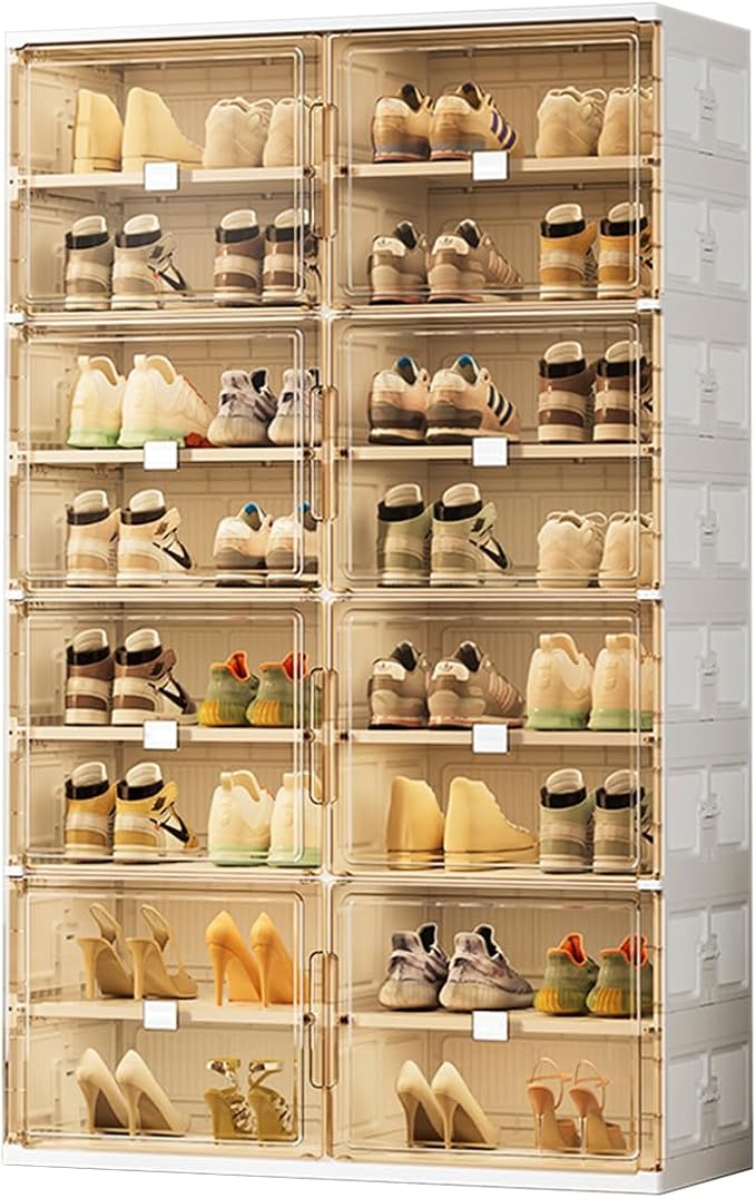 wesimple 32 Pairs Shoes Storage Cabinet of 3-Step Fast Installation,Plastic Shoe Rack with Clear Magnetic Door for Display, Shoe Organizer for Sneaker, Sandals, Heels (2 Row, 8 Tier)