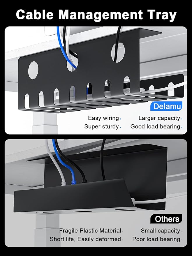 Delamu 2 Pack Metal Under Desk Cable Management Tray, U Channel Cord Organizer Box, Office Under Desk Cord Organizers, Cable Management with Various Accessories, Black, 15.75 Inches