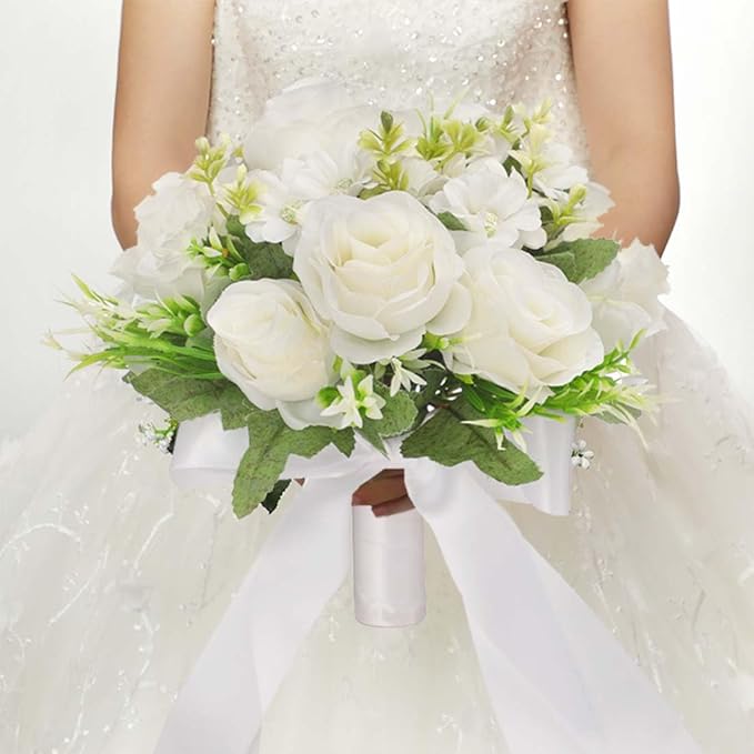 CYANLUX Wedding Bouquets for Bride Bridesmaid Bouquet Champagne White Artificial Roses Flowers for Wedding Valentine's Day Church Home Decoration (White)…
