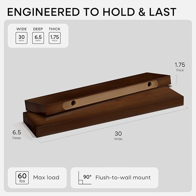 Homeforia 30inch Walnut Floating Shelves for Wall Mounted, High End Solid Real Wood 30 in Floating Shelf, Dark Brown Wooden 30 inch Long Floating Shelves, Heavy Duty Bracket, 30 X 6.5 X 1.75, Set of 3