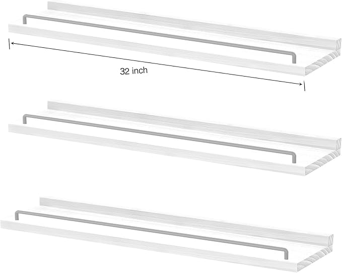 RYOFOBETTO 32 inches Long Floating Shelves, Bathroom Decor Shelves Over Toilet, Farmhouse Wall Shelves for Living Room, Bedroom, Picture Frames, Plants, Kitchen, Set of 3 (White and Grey)