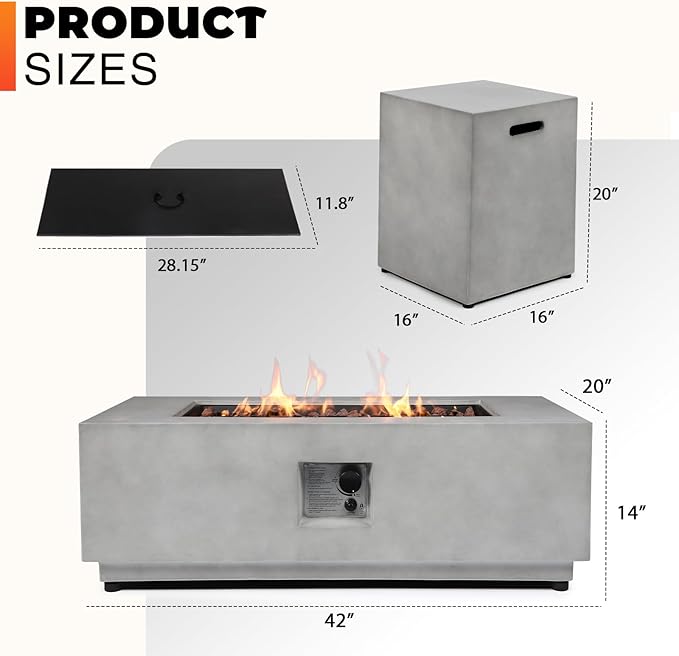 SiTimmGer 2 Pieces 42-Inch Outdoor Propane Fire Pit Table w/Tank Cover - 50,000 BTU, Concrete Rectangle Firepits | Integrated Ignition, Steel Lid, Lava Rocks & Rain Cover Included